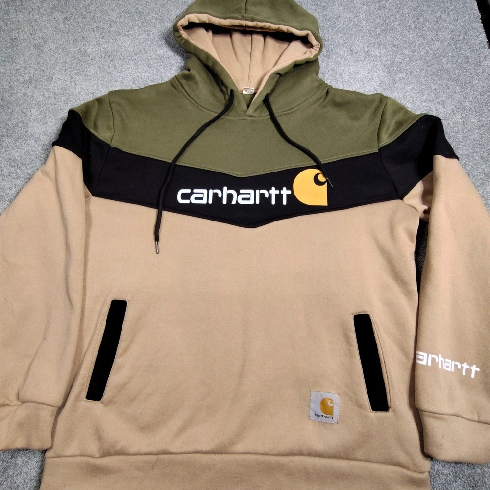 Carhartt Mens Large Colorblock Hoodie Tan Green Black Graphic Sweatshirt